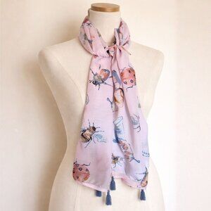 Butterfly Insect Print Scarf 58in Pink Nature Garden Tassel Fashion Scarf